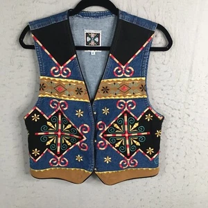 Vintage Hairston Roberson Ropa Vest Womens Medium Blue Denim Embroidery Boho Art - Picture 1 of 20