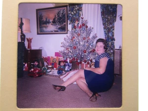 1960s 35mm Slide Woman Christmas Tree Living Room Pose Color Transparency - Picture 1 of 3