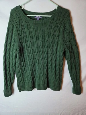 Suéter tejido con cable verde Lands End Drifter para mujer XLP 100 % algodón preppy universidad  Foto 1 de 4