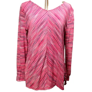 T by Talbots Cotton Blend V-Neck Striped Long Sleeve Tee Shirt Hot Pink L - Picture 1 of 24