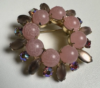 Vintage 50s Signed Coro Pink AB and Moonglow Rhinestone Wreath Brooch Pin **READ - Image 1 of 4