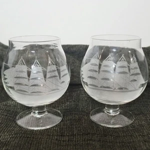 Set Of 2 Clipper Schooner Ship Etched Footed Crystal Glass Brandy Snifters  - Picture 1 of 10