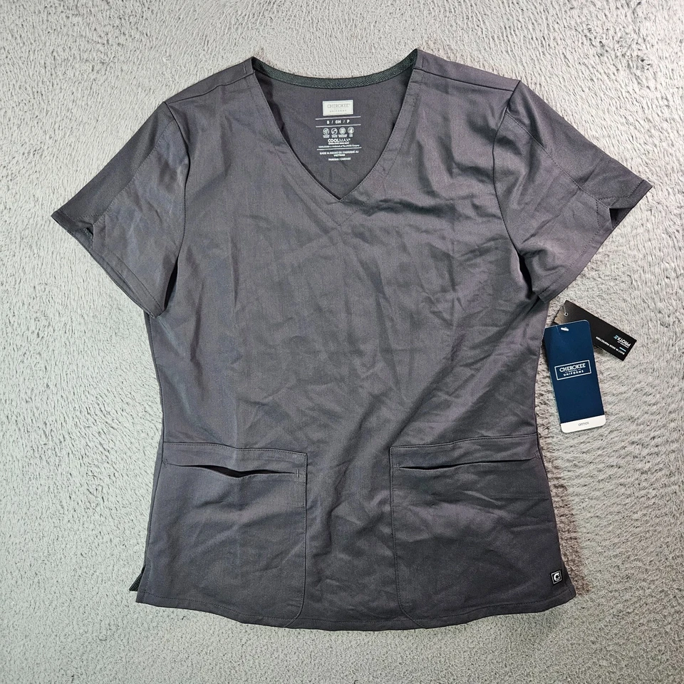 NEW Cherokee Scrub Top Coolmax Women Small CK837A V-Neck Short Sleeve Gray - Image 1 of 4