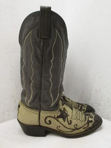 Abilene Tan Gray Leather Burned Art Deco Cowboy Boots Womens Sz 7 M Style 49326 - Picture 1 of 16