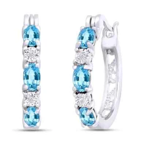 Hoop Earrings Round Simulated Aquamarine Gemstone in 14k White Gold Plated - Picture 1 of 6