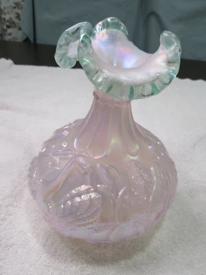 Vtg Fenton Signed "George Fenton" Iridescent Pink & Teal Ruffled Crest Swan Vase - Image 1 of 4