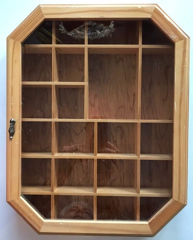 Vtg Wood Glass Curio Cabinet Display Case 22 Slots Octagonal Oak Wall 15 x 11.5 Cover