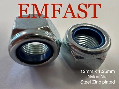 EMFAST 12mm x 1.25mm metric extra fine pitch nyloc nut steel nuts m12 1.25 nylon