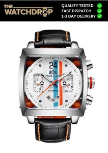 PAULAREIS Monaco Self Wind MECHANICAL Homage Men's Black Leather Square Watch - Picture 1 of 4
