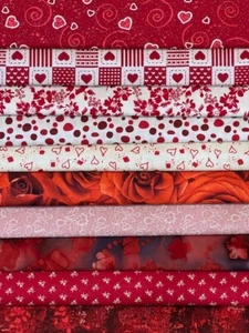 Quilting Fabric Lot - 10 Fat Quarters, Valentines Holiday Red + 1 FREE = 11 FQ! - Picture 1 of 14