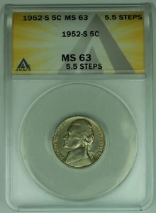 1952-S Jefferson Nickel 5C ANACS MS 63-5.5 Steps (52) - Picture 1 of 2