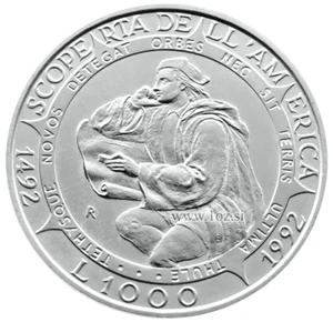 SAN MARINO 1000 LIRE 1992 ( COLUMBUS AMERICA ) SILVER Commem. Coin (KM# 287) UNC - Picture 1 of 5