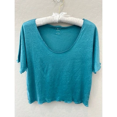 LOU & GREY | Softserve Linen Blue Scoop Neck Short Sleeve Cropped Tee |Medium - Image 1 of 4