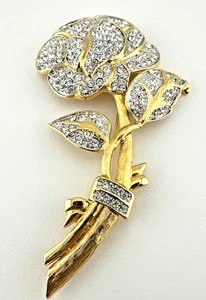 Signed NOLAN MILLER Large Flower Brooch GoldPlated Crystal Rhinestones #71 - Picture 1 of 10