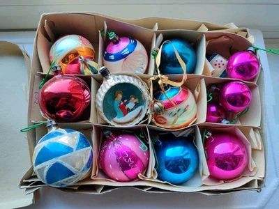 Scatola lotto PALLINE NATALE VINTAGE in vetro argento decorate a mano CHRISTMAS  - Immagine 1 di 4