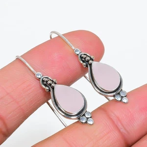 Rose Quartz Gemstone Handmade 925 Sterling Silver Jewelry Earrings - Picture 1 of 4