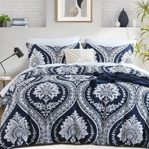 Navy Blue Duvet Cover Queen - 100% Cotton Duvet Cover Set, 3 Pieces Floral Pa... - Picture 1 of 7