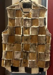 Vntg  RARE WOOLRICH 60'S Suede Patchwork Vest Mens Med Brown Sherpa Lined Snap - Picture 1 of 19