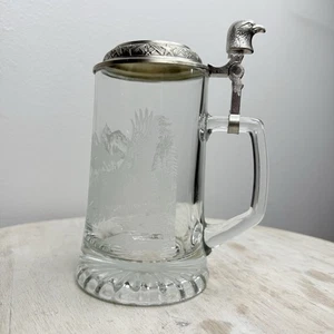 Vintage Domea Glass Beer Stein with Pewter Eagle Lid and Etched Eagle Scene - Picture 1 of 9