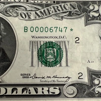 $20 FRN 1969 Star Note - Low Serial Number:  B00006747* - Image 1 of 4