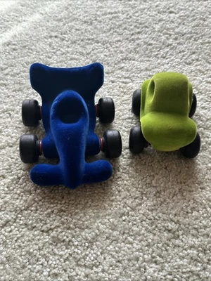 Rubbabu Green Car & Blue Race Soft Sensory Toys Wheeled Toy 5" X 4" Velvet - Image 1 of 4