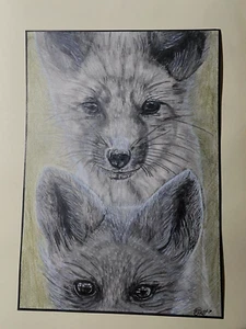 BEING WATCHED Graphite & Acrylic Original A4 Drawing Staring Fox Cubs Kits - Picture 1 of 5
