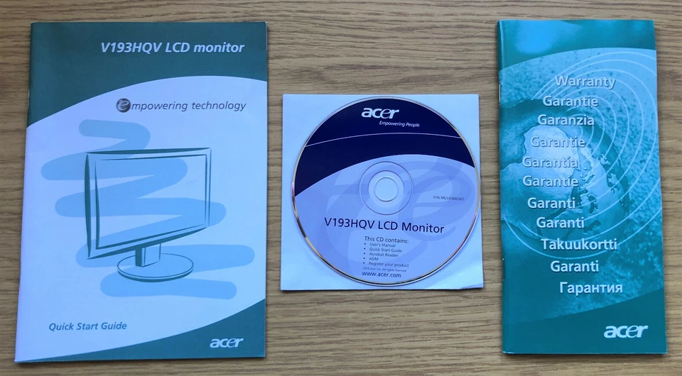 *ACER LCD MONITOR V193HQV* {Quick Start Guide/Warranty Booklet/User's Manual CD} - Image 1 of 1