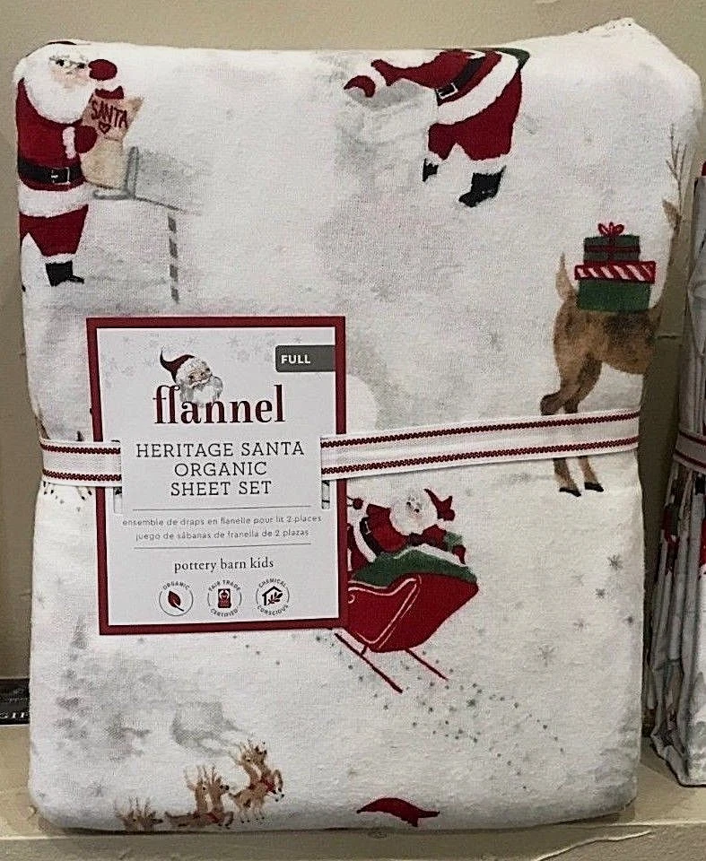 Pottery Barn Kids Organic Heritage Santa north pole Sheet set FULL Flannel  - Image 1 of 1