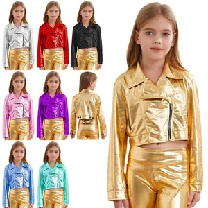Unisex Kid Boys Girls Zipper Metallic Jacket Turn-Down Collar Motorcycle Hip-Hop - Picture 1 of 100