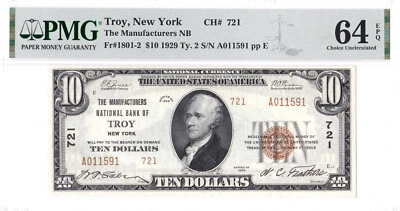 $10 1929 T2 National TROY New York NY 🇺🇸 PMG 64 EPQ Choice Uncirculated 🇺🇸 - Image 1 of 2