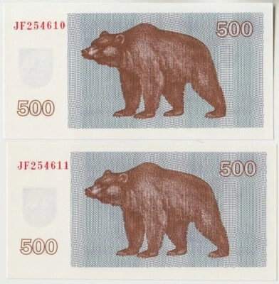 LITHUANIA P44 500 TALONU 1992 UNC 2 NOTES with Consecutive Numbers JF254610-11 - Image 1 of 2