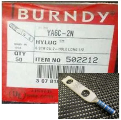 BURNDY YA6C-2N 6AWG COPPER 2-HOLE LONG BARREL COMPRESSION LUG 'SAMEDAY SHIP' - Image 1 of 4