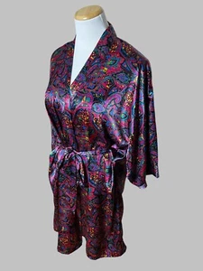 Erika Taylor Intimates Satin Kimono Robe Vtg 90s Hot Pink Black Paisley Sz M - Picture 1 of 6