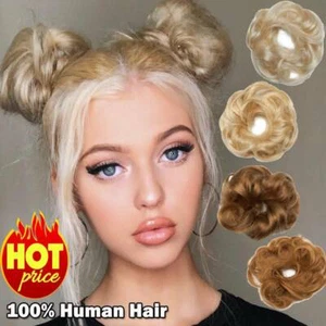 Real Clip in 100% Human Hair Piece Messy Bun Scrunchie Hair Extensions Pony Tail - Picture 1 of 38