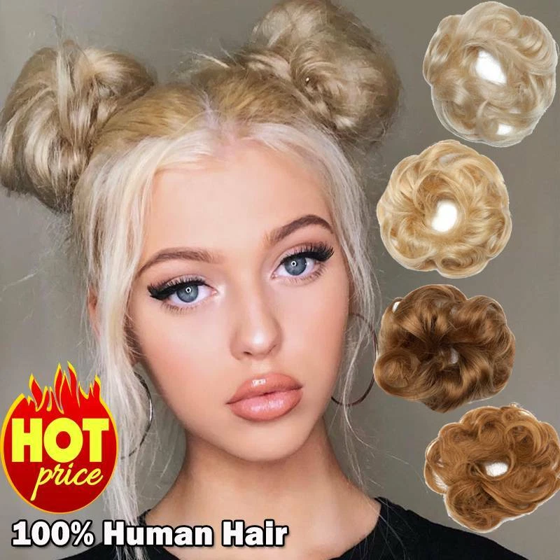 Clip real en pieza de cabello 100 % humano moño desordenado extensiones de cabello crujiente cola de caballo Foto 1 de 4