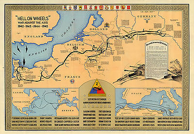 1945 Military Map 2nd Armored Division  Hell On Wheels  War Against Axis 11 X16  • 12.50$