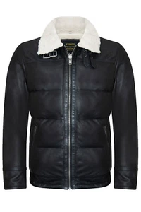 Men's Black Aviator Leather Jacket Quilted Bomber Warm Biker Puffer Jacket - Picture 1 of 6