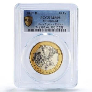 Switzerland 10 francs Gentian Enzian Flower Flora MS69 PCGS bimetal coin 2017 - Picture 1 of 2
