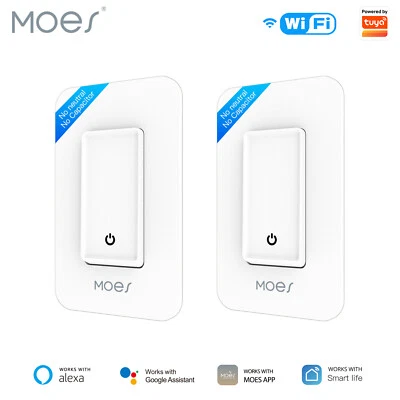MOES WiFi Smart Light Switch No Neutral Wire Required No Capacitor Remote 2 Pack - Image 1 of 4