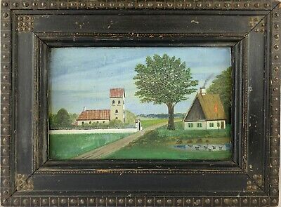 Altes Naives Charmantes Ölbild Mit Dorfidylle Antiker Bilderrahmen Um 1900 • 115.45€