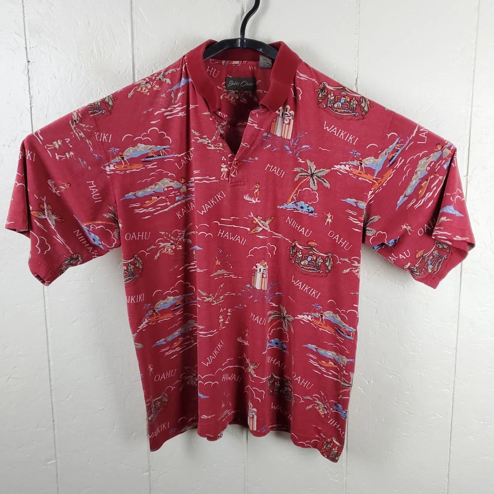 Рубашка поло Bobby Chan мужская очень большая красный воротник короткий рукав шелковая смесь Гавайи - Изображение 1 из 4