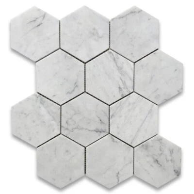 C34XH 4" Honed Hexagon Carrara White Venato Carrera Marble Mosaic Floor Tile - Image 1 of 4