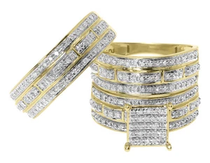 10K Yellow Gold Mens Ladies Round Diamond Bridal Wedding Trio Ring Set 0.66 ct - Picture 1 of 5