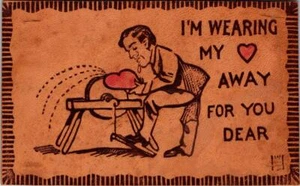 LEATHER I'm Wearing My Heart Away For You Dear MAN & GRINDER 1908 Humor Postcard - Picture 1 of 2