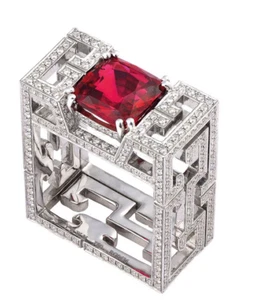 Cushion Shape Red 0.75CT Ruby With Bright White CZ Geometric Square Design Ring - Picture 1 of 3