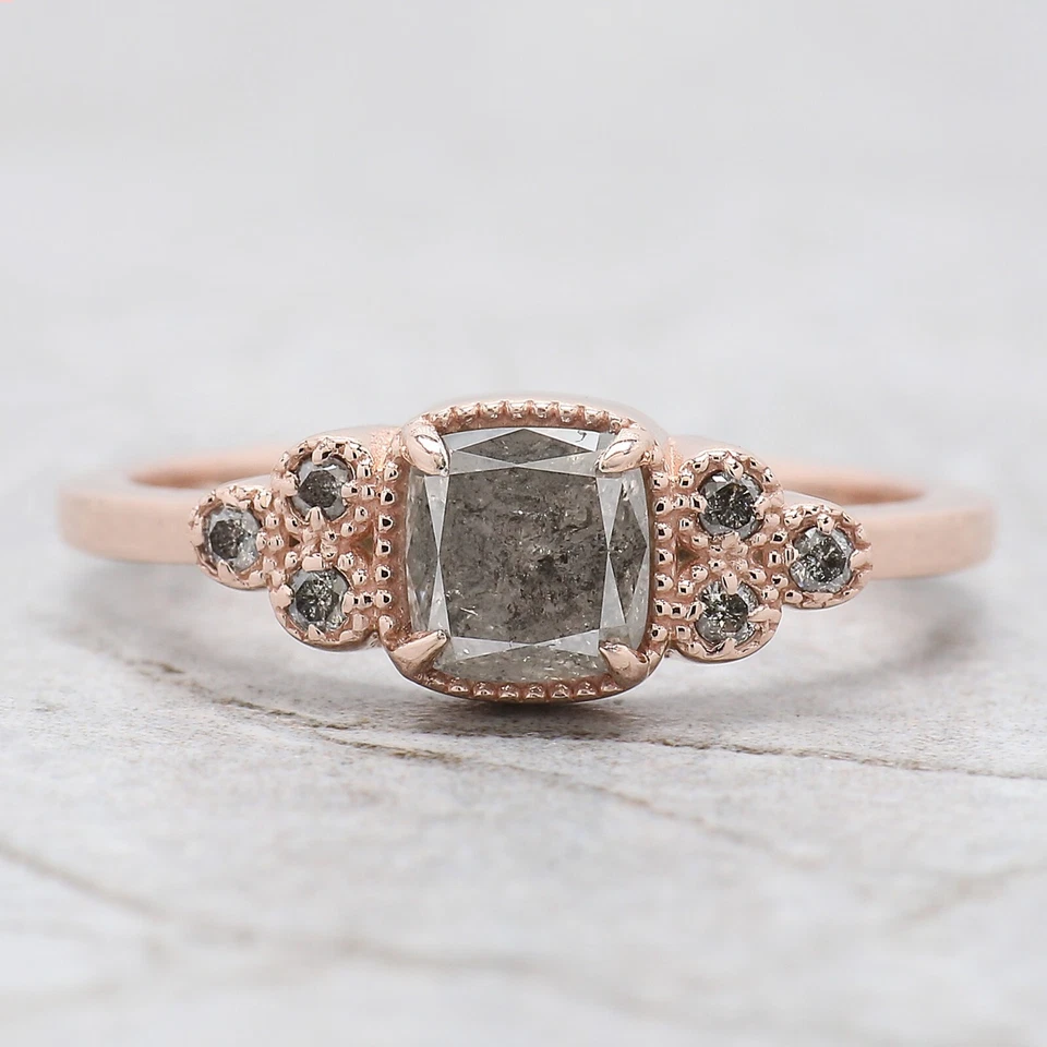0.95 Ct Cushion Salt And Pepper Diamond Ring 14K Rose Gold Engagement Gift Ring - Image 1 of 4