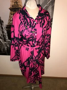 SHEIN NWOT CHIC HOT PINK NAVY BLUE BIG CAT BELTED SHIRTDRESS SIZE 3X - Picture 1 of 3