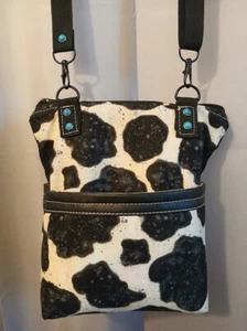 New Travel Sling Crossbody Bag Western Cow print Cream Black Turquoise Cowgirl - Picture 1 of 9