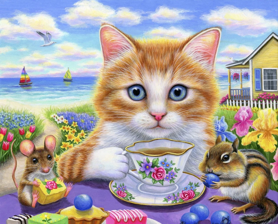 35" Fabric Panel | David Textiles Digital Tea by Sea Cat Mouse Squirrel - Image 1 of 1