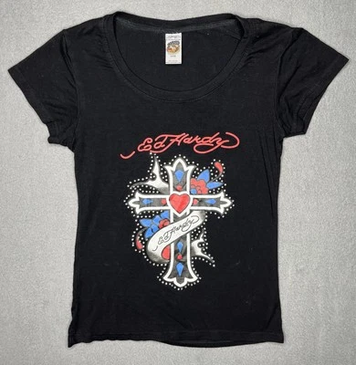 Винтажная маленькая футболка Y2K Ed Hardy с графическим принтом со стразами крест Christian Audigier - Изображение 1 из 4